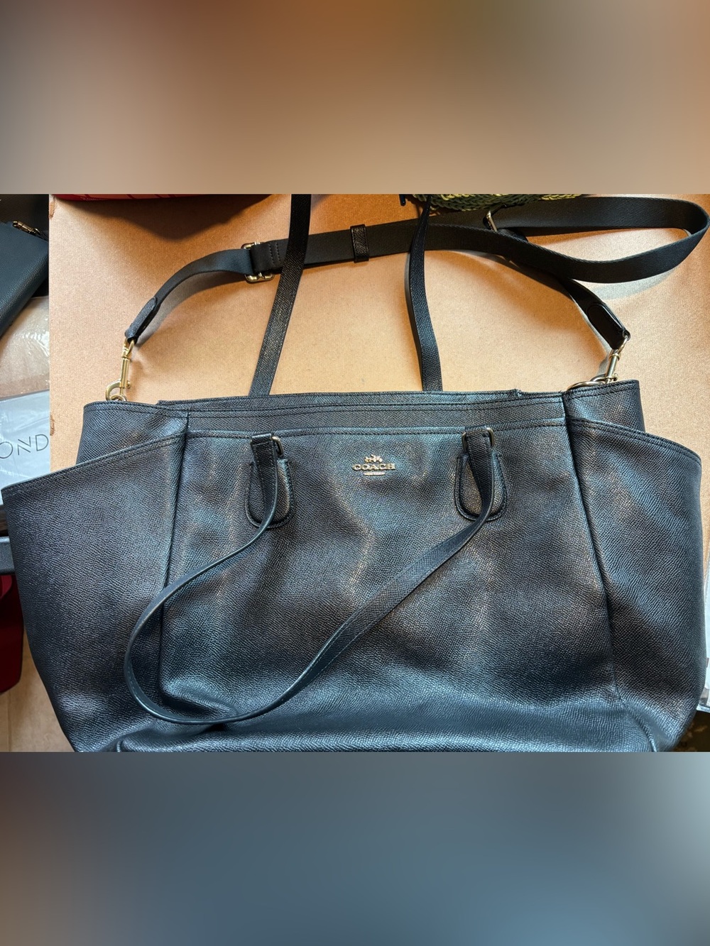Coach Large Black Leather Tote with Detachable Crossbody Strap and Side Pockets